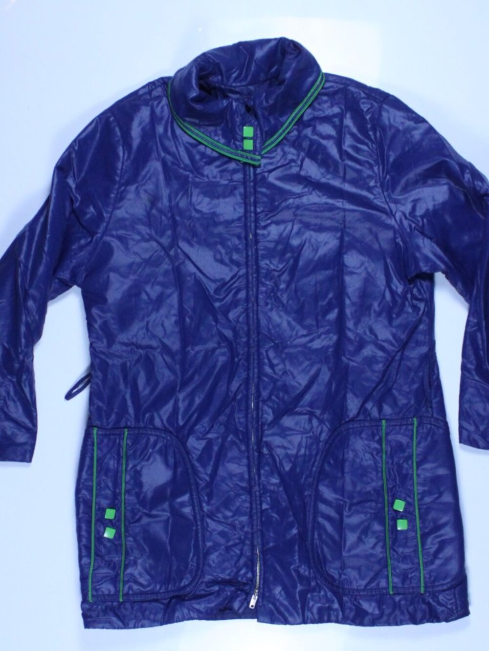 Vintage 60s 70s mod raincoat navy blue sz L green accents twiggy British
